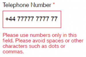 Tel number error message